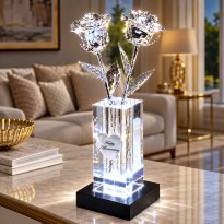 2 Illuminated 8" Silver Roses in 4.5" Personalized Crystal Vase